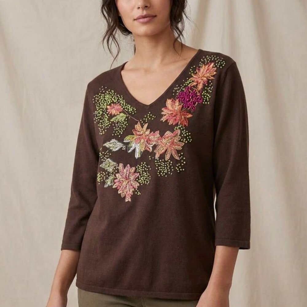 Brown Sweater Sz L Embroidered Autumn Leaves 3/4 Sleeve V Neck Colorful Cozy